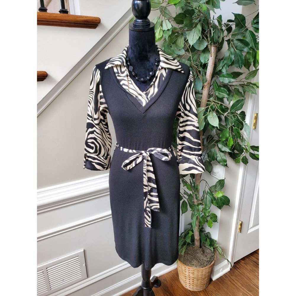 Sirens Women Black 100% Polyester Collared Long Sleeve Knee Length Dress Size M